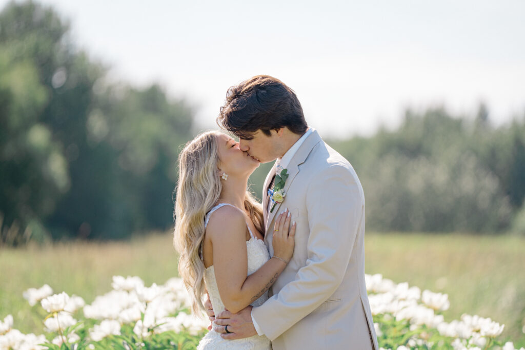 Romantic summer wedding portrait of couple at Mountain Field Farms, Alaska wedding photographer